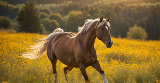 Cavallo che corre in un campo di Arnica Officinale